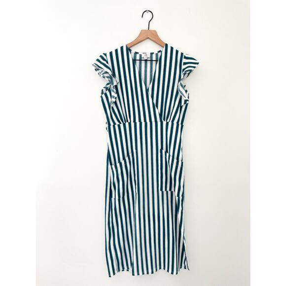 River Island Stripe Ruffle Sleeve Midi Dress Size 10 Petite - Picture 1 of 10